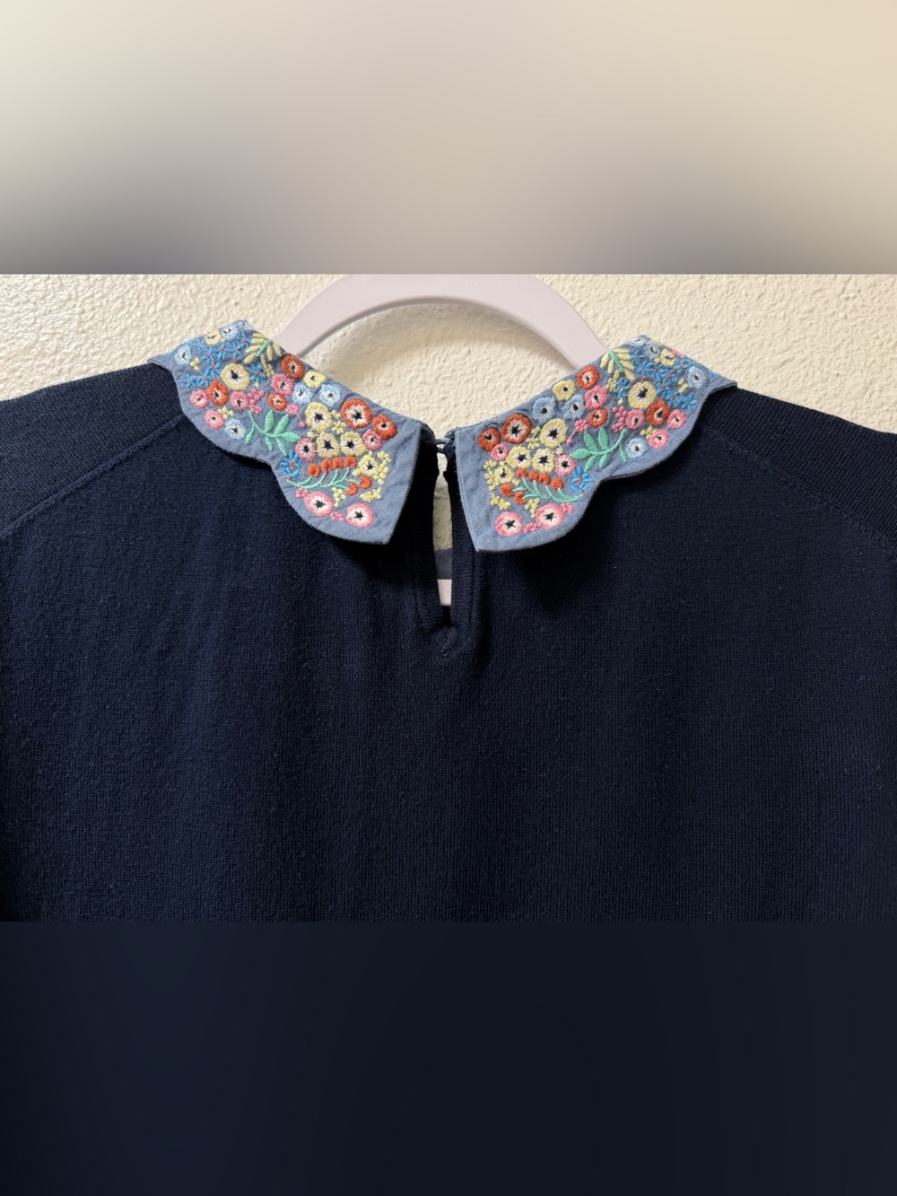 Boden Colette Sweater Floral Embroidered Scalloped Collar Stretch Blue Womens XL - Picture 7 of 9